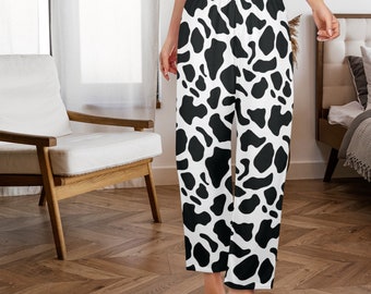 Cow Print Women Pajamas Pants, Black and White Animal Pattern Satin PJ Funny Pockets Trousers Couples Matching Ladies Trousers Bottoms