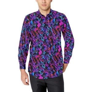 80s Arcade Light Long Sleeve Men Button Up Shirt, 1980s Space Print Buttoned Down Guys Male Collared Casual Dress Shirt