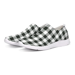 Black White Buffalo Plaid Slip On Shoes, Breathable Sneaker Canvas Men Women Checkered Check Custom Design