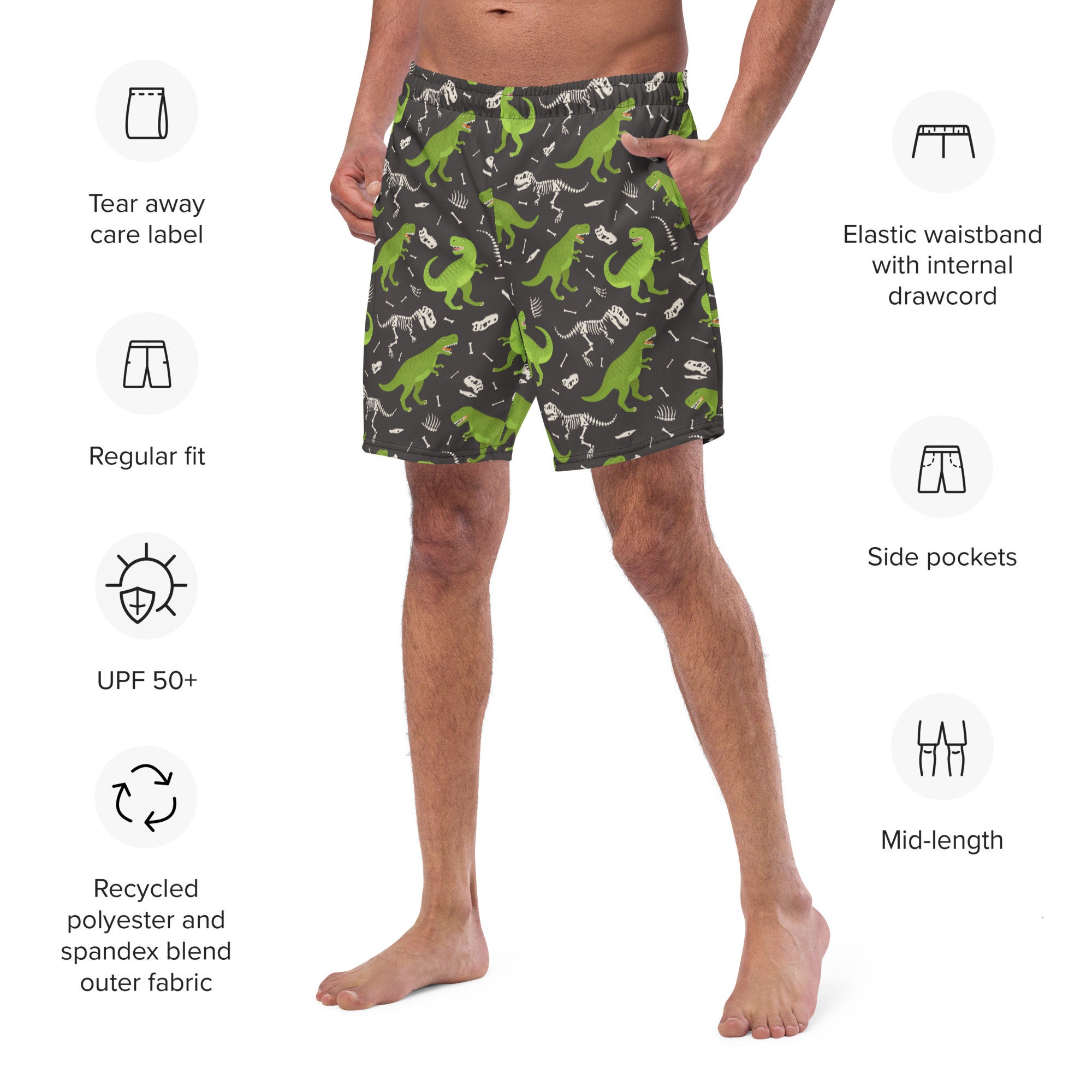 Dino Men Swim Trunks Dinosaur Beach Mesh Pockets Beach Etsy