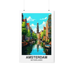 Amsterdam Canals Poster Print, Netherlands Picture Wall Image Art Vertical Travel Paper Artwork Small Large Room Office Decor
