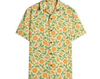 Orange Men Button Up Cotton Shirt, Summer Fruit Yellow Green Short Sleeve Casual Buttoned Down Male Guys Collared Designer Plus Size