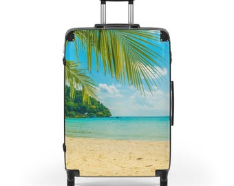 Tropical Beach Suitcase Luggage, Palm Tree Ocean Vacation Carry On With 4 Wheels Cabin Small Large Set Rolling Spinner Lock Hard Shell