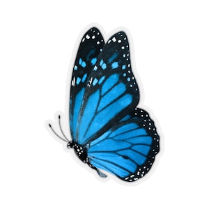 Blue Monarch Butterfly Sticker, Side View Position Laptop Decal Vinyl Cute Waterbottle Tumbler Car Waterproof Bumper Small Large Die Cut