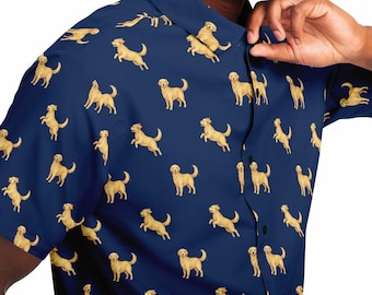 Golden Retriever Men Button Up Shirt, Dog Animal Navy Short Sleeve Print Casual Buttoned Down Summer Male Guys Collared Designer Dress