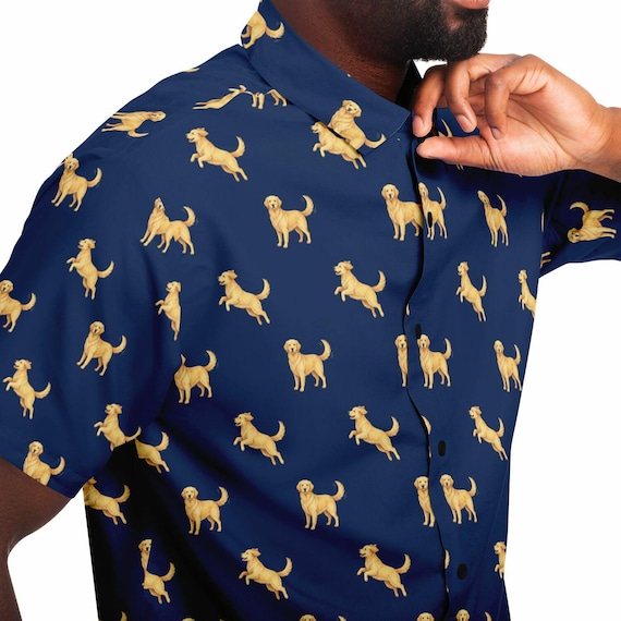 mens dog print dress shirt Golden Retriever Men Button Up Shirt, Dog Animal Navy Short Sleeve Print Casual Buttoned Down Summer Male Guys Collared Designer Dress