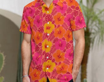 Hibiscus Tropical Men Button Up Shirt, Pink Orange Yellow Short Sleeve Casual Buttoned Down Summer Male Guys Collared Designer Festival
