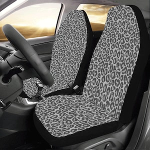 Leopard Car Seat Covers for Vehicle 2 pc, Grey Animal Print Black Pattern Front Seat Covers, Car SUV Gift Her Protector Accessory Decoration