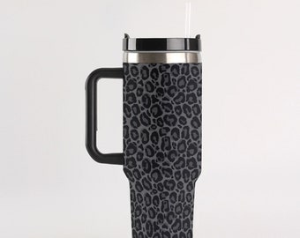 Black Leopard 40 oz Tumbler with Handle Straw, Grey Animal Cheetah Print Stainless Steel Cup Travel Mug Coffee Insulated Office Men Women