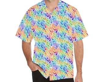 Camicia hawaiana da uomo con foglie arcobaleno, Pride Vintage Tie Dye Vintage Aloha Hawaii Retro Summer Tropical Beach Plus Size Cool Button Down Shirt