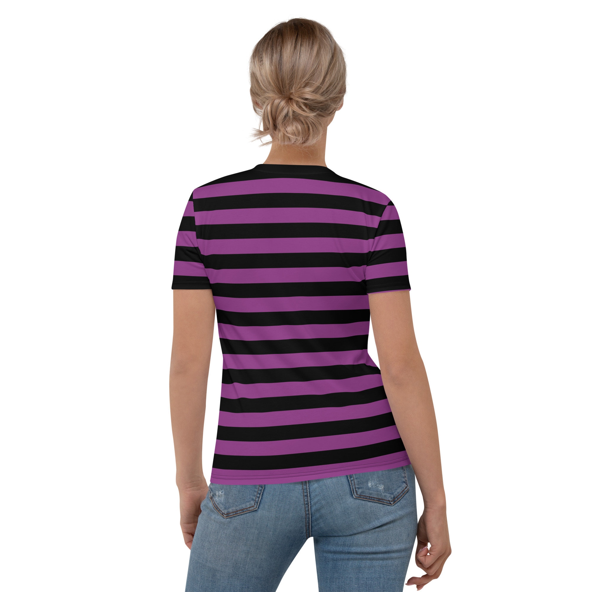Black and Purple Striped Women Tshirt, Gothic Emo Ladies