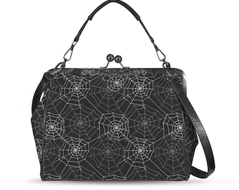 Spiderweb Kiss Lock Purse Handbag, Black Witchy Gothic Dark Print Vegan Leather Vintage Designer Shoulder Crossbody Top Handle Clasp Bag
