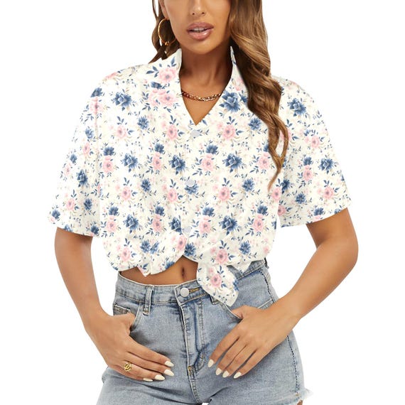 Camisa hawaiana azul y rosa para mujer, estampado floral tropical