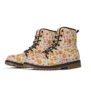 Pink Orange Floral Women Leather Boots, Retro Flowers Vintage Vegan Lace Up Shoes Hiking Black Ankle Combat Work Winter Waterproof Ladies