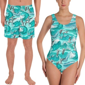 Matching Family Swimsuit,  Blue Green Sea Wave Print, Matching Family Men Women Daughter, One-Piece Shorts bathing suits