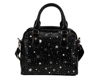 Stars Purse, Space Black White Pattern Cute Small Crossbody Shoulder Constellation Zip Bag Vegan Leather Women Designer Handbag Ladies