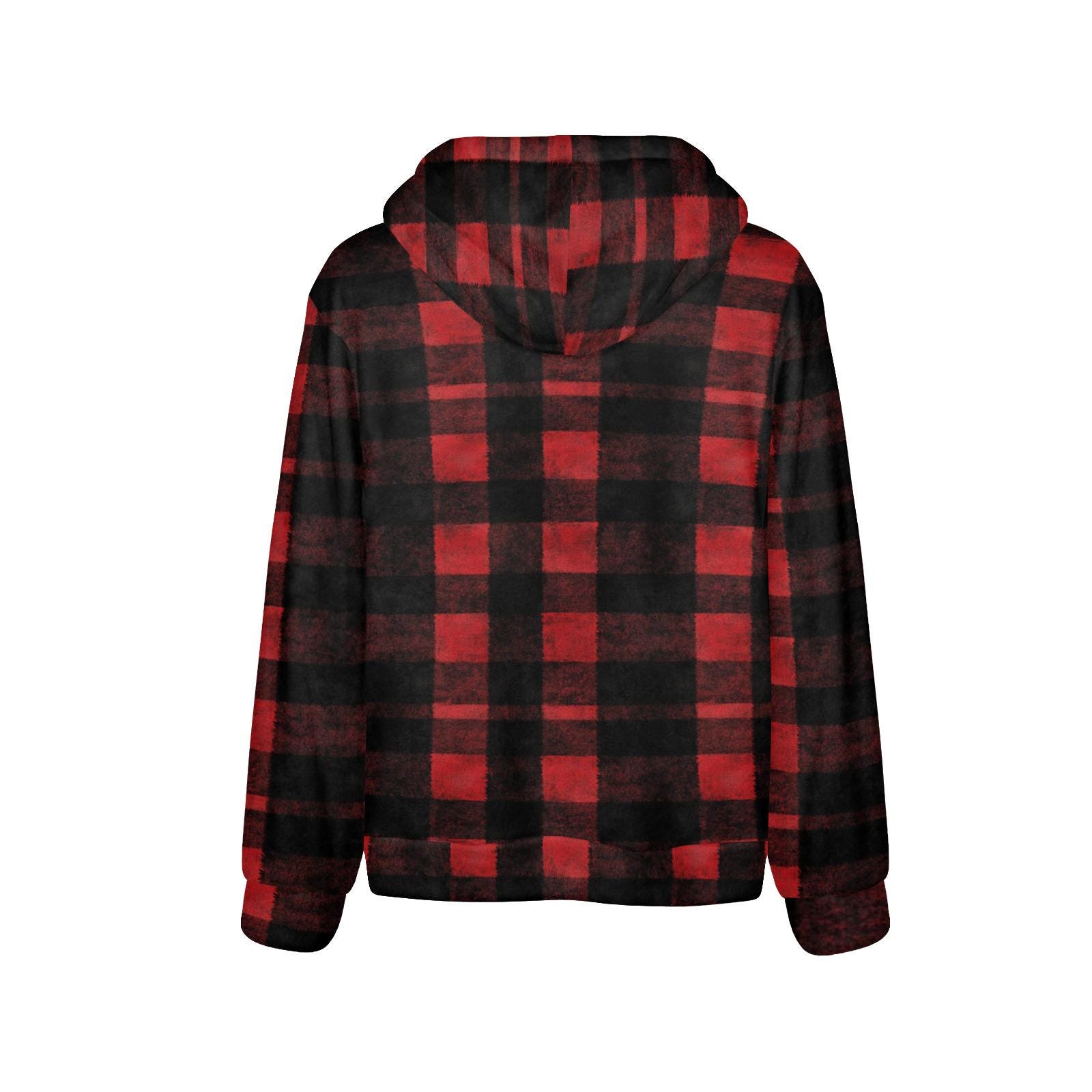 Red Black Buffalo Plaid Flannel Hoodie, Check Fleece Lined 