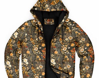 Floral Zip Up Fleece gefütterter Hoodie, Blumen Braun Schwergewicht Volle Reißverschlusstasche Männer Frauen Damen Unisex ästhetische Kapuzen-Sweatshirt-Jacke