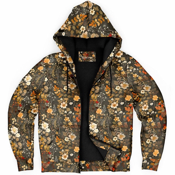 Flower fleece hoodie brown Wildflower Zip up Hoodie: Cottagecore 