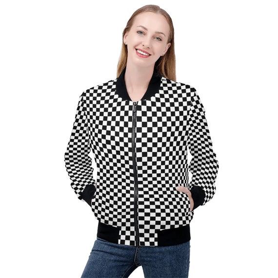 Checkered Women Bomber Jacket, Racing Black White Check Ladies