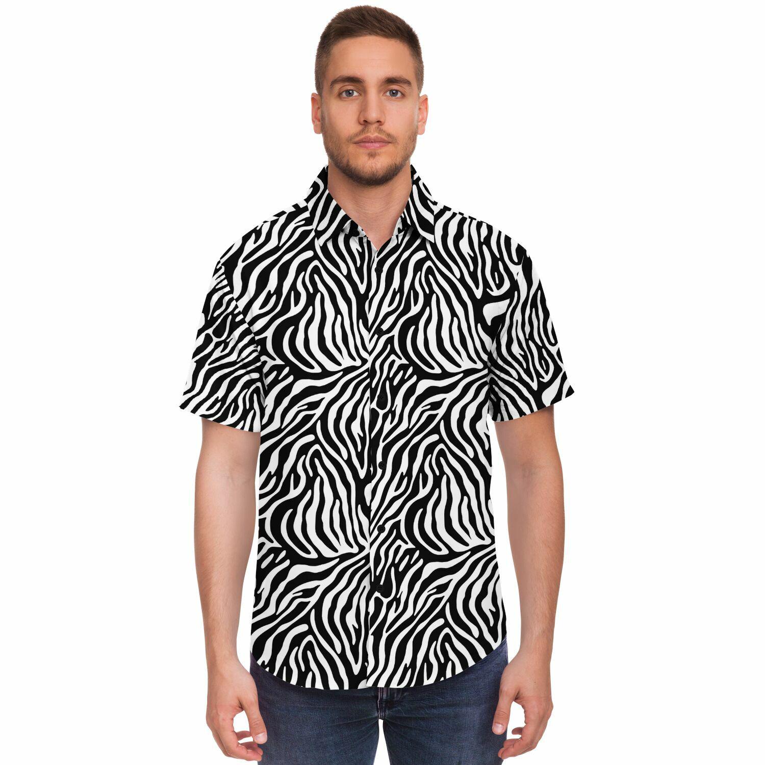 mens zebra print dress shirt Zebra Men Button up Shirt, Animal Stripe Black White Short Sleeve Print  Casual Buttoned Down Summer Male Guys Collared Designer Dress