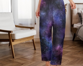 Space Galaxy Women Pajamas Pants, Universe Cosmos Purple PJ Pockets Lounge Sleep Trousers Matching Ladies Female Trousers Bottoms