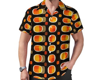Camisa con botones y cuello ancho para hombre, estilo geométrico de los años 70, color naranja, negro y amarillo, estilo vintage de los años 70, manga corta, informal, con botones