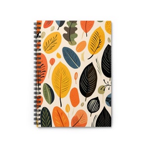 Boho Leaves Spiral Bound Notebook, Earthy Travel Pattern Design Small Journal Notepad Ruled Line Book Paper Pad Work Aesthetic