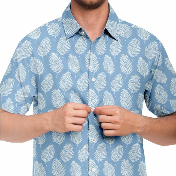 designer dress shirts men palm beach Palm Trees Men Button Up Shirt, Blue Ocean Beach Short Sleeve Print Ca –  Starcove Fashion main image 1