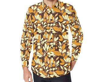 Camicia abbottonata da uomo a maniche lunghe retrò anni '70, foglie marroni arancioni Groovy Funky Bold 1970 Stampa abito casual abbottonato colletto con taschino sul petto