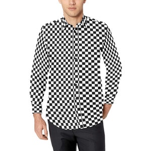 Checkered Long Sleeve Men Button Up Shirt, Check Black White Racing Print Dress Buttoned Collar Dress Shirt with Chest Pocket