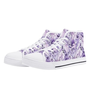 Lavender Women High Top Shoes, Watercolor Floral Flowers Lace Up Sneakers Footwear Canvas Streetwear Girls White Black Designer