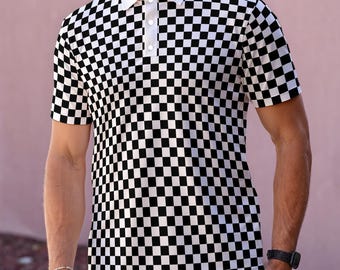 Checkered Men Polo Shirt, Black White Check Racing Guys Golf Casual Summer Buttoned Down Up Collared Short Sleeve Sports Tshirt Tee Top