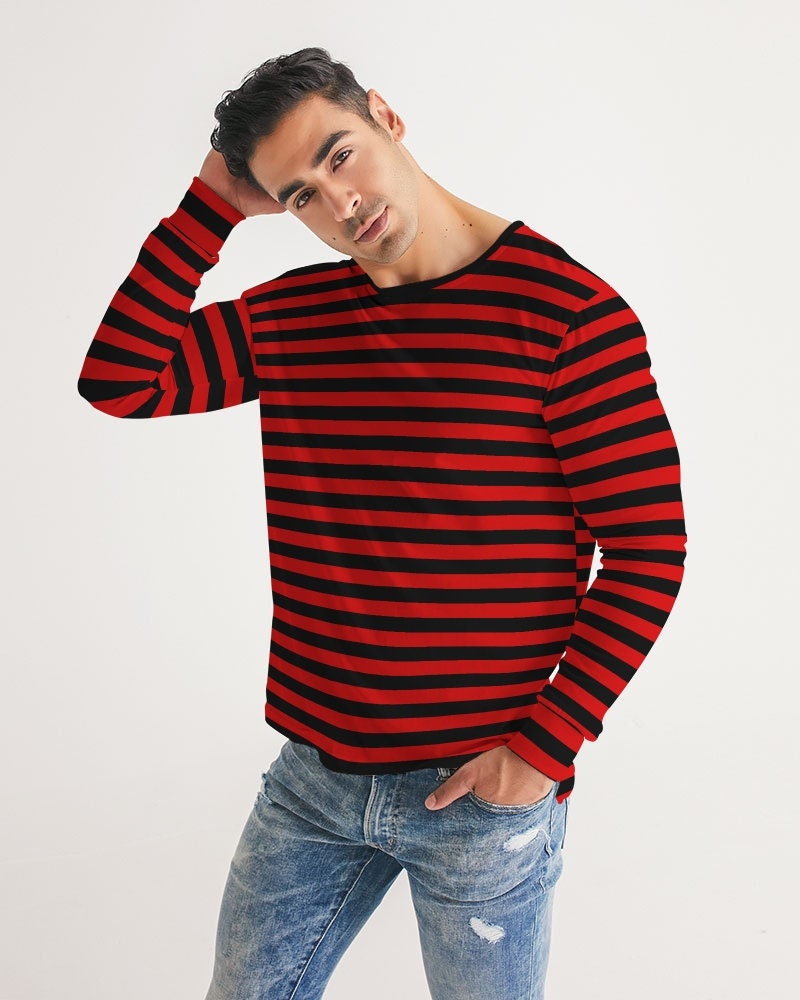 Rood en zwart gestreept herenshirt met lange mouwen gestreept unisex jongens damesontwerper grafisch esthetisch T shirt met ronde hals Etsy Nederland