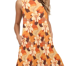 May include: A sleeveless, orange and white floral print dress with a scoop neck and pockets. The dress has a loose, flowy fit.
