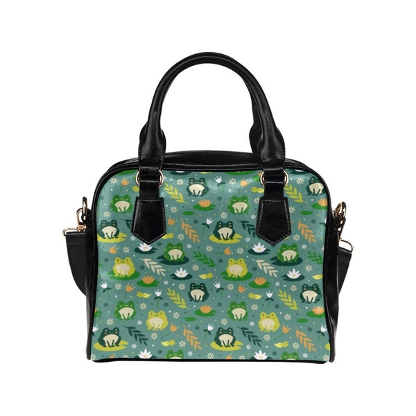 Frog Purse, Kawaii Green Animal Retro Vintage Floral Black Print Small Shoulder Bag Vegan Leather Women Designer Handbag Crossbody Ladies