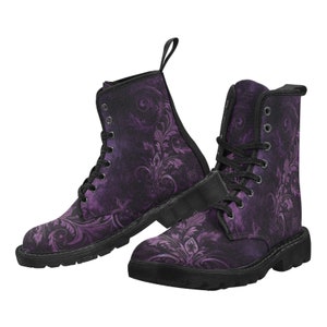 Paars zwarte gotische dames gevechtslaarzen, grunge punk donker veganistisch canvas veterschoenen print leger enkel wandelen winter casual aangepaste dames
