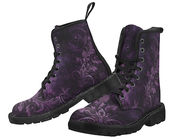 Purple Black Gothic Women's Combat Boots, Grunge Punk Dark Vegan Canvas Lace Up Shoes Print Army Ankle Hiking Winter Casual Custom Ladies