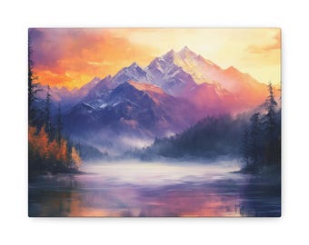 Sunset Mountain Canvas Gallery Wrap, Lake Trees Wall Art Print