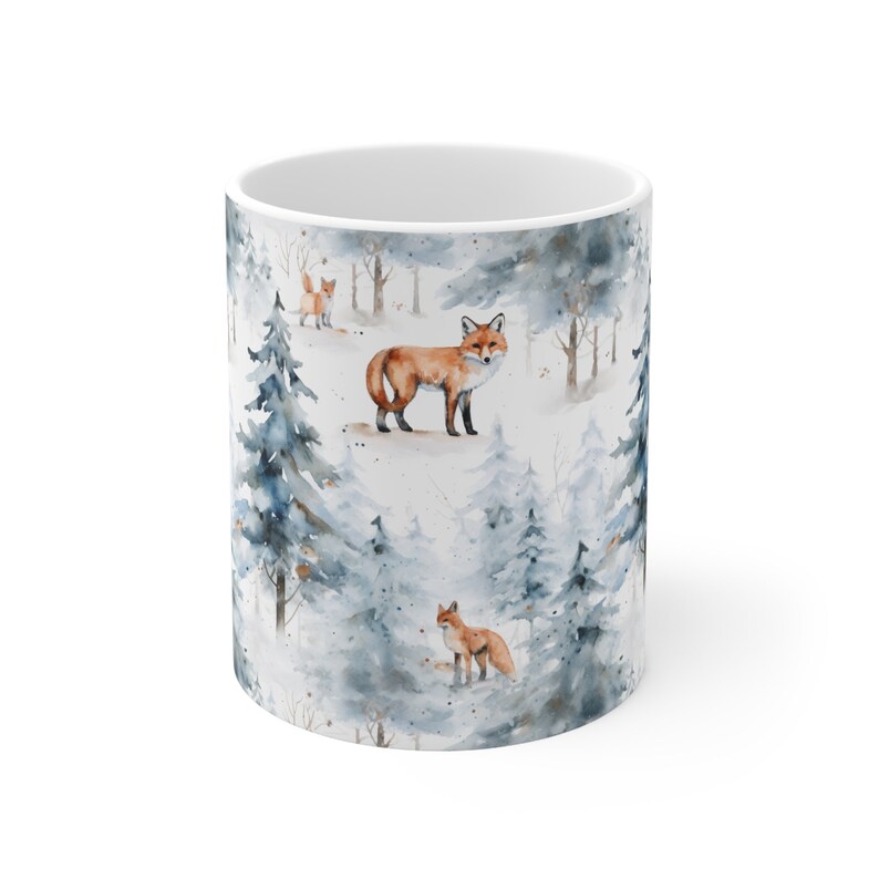 Ingwer Fuchs Kaffeetasse, Winter Landschaft Wald Bäume Woodlands Schnee Niedliche Tier Kunst Keramik Tasse Tee Heiße Schokolade Einzigartige Neuheit Cooles Geschenk Bild 2