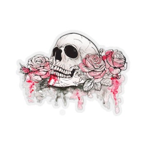 Skull with Roses Sticker, Tattoo Design Watercolor Laptop Decal Vinyl Cute Waterbottle Tumbler Car Bumper Aesthetic Label Wall Mural