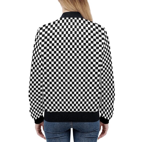 Checkered Women Bomber Jacket, Racing Black White Check