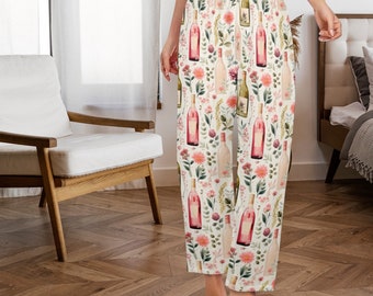 Weinflaschen Frauen Pyjamas Hose, Blumen Floral Rose Pink Satin PJ Spa Taschen Bachelorette Hose Passende Damenunterteile Brautjungfer