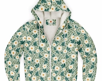 Daisy Zip Up Fleece Lined Hoodie, Floral Green Flowers Sherpa Heavyweight Full Zipper Pocket Men Women Unisex Hooded Sweatshirt Jacket