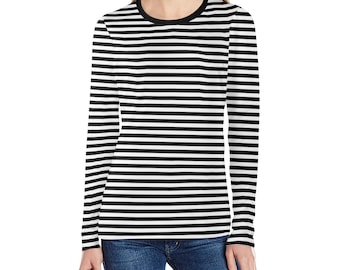 Camiseta de manga larga a rayas blancas y negras para mujer, camiseta retro vintage con cuello redondo y diseño gráfico de marinero para mujer