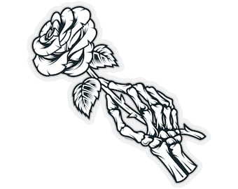 Skeleton Hand Rose Sticker, Tattoo Black White Transparent Cute Decal Label Phone Macbook Small Large Cool Art Computer
