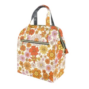 Retro Floral Insted Lunch Box Tasche Tote, Pink Orange Blumen Niedlichen Lebensmittelbehälter Erwachsene Kinder Frauen Jugendliche Männer Schwarz Schule Arbeit Handtasche