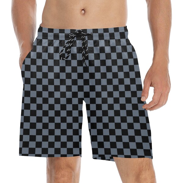 Black Grey Checkered Men Swim Trunks, Gray Check Mid Length Shorts Beach Pockets Mesh Lining Drawstring Male Bathing Suit Plus Size Swimwear