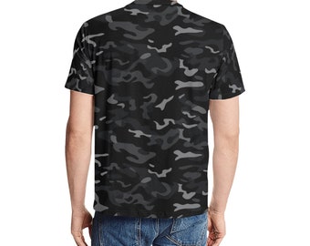 ブラック迷彩Tシャツ、グレー迷彩プリントデザイナー軽量クルーネック