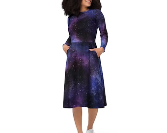 Celestial Long Sleeve Midi Dress With Pockets, Midnight Blue With Gold  Stars Regular and Plus Size 3x 4x 5x 6x - Etsy